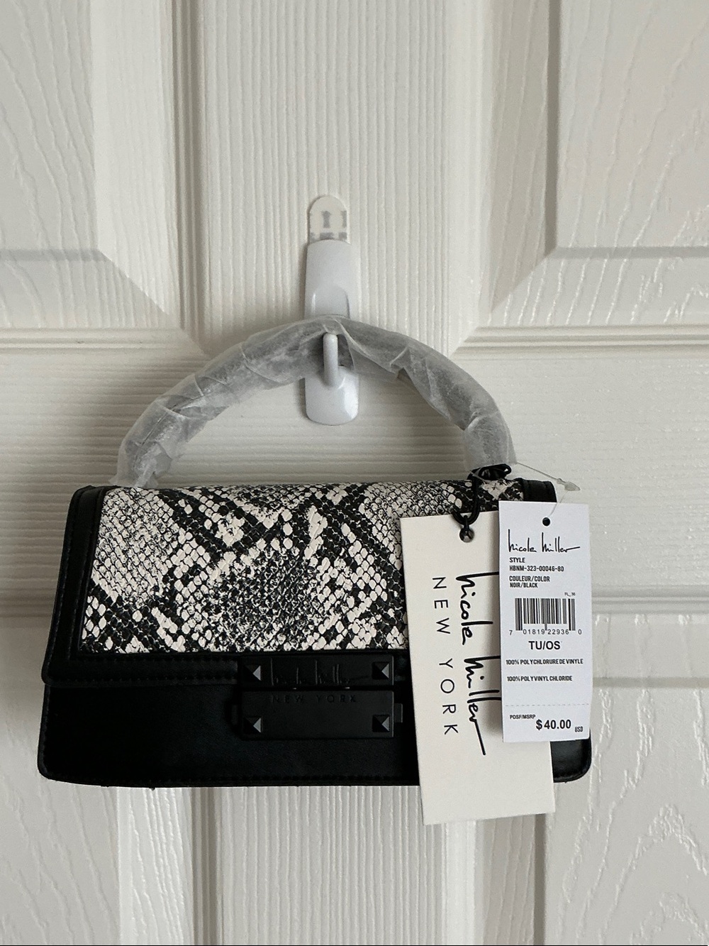 Nicole Miller Black & White Snake-Print Mini Top-Handle Bag with shoulder strap